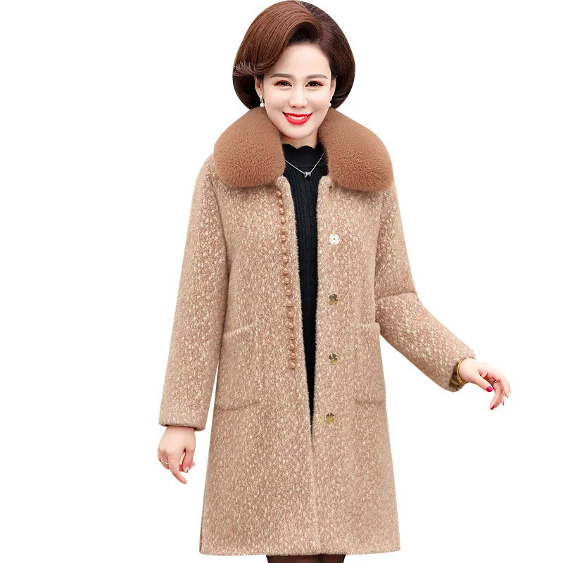 

Middle-aged Women's Woolen Coat 2020 New Mom Winter Clothes Noble Lmitation Fur Mink Fleece Overcoat Mid-length Coat Plus Size