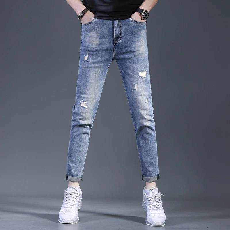 

Summer Men's Ripped Blue Jeans Fashion Casual Thin Ankle-Length Pants