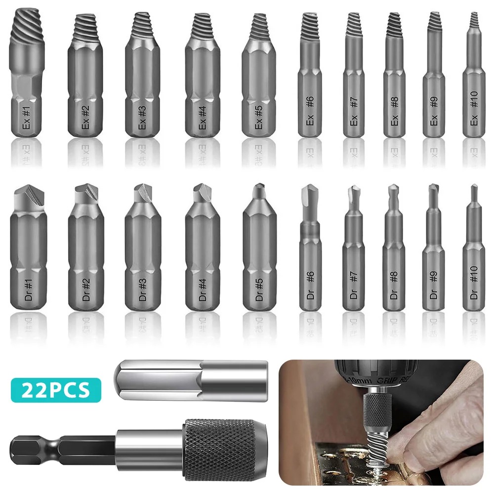 

22Pcs Durable Screw Extractor Set Easy Out Damaged Guide Speed Bolt Stud Stripped Broken Wire Remover Drill Bits Dremel Tools
