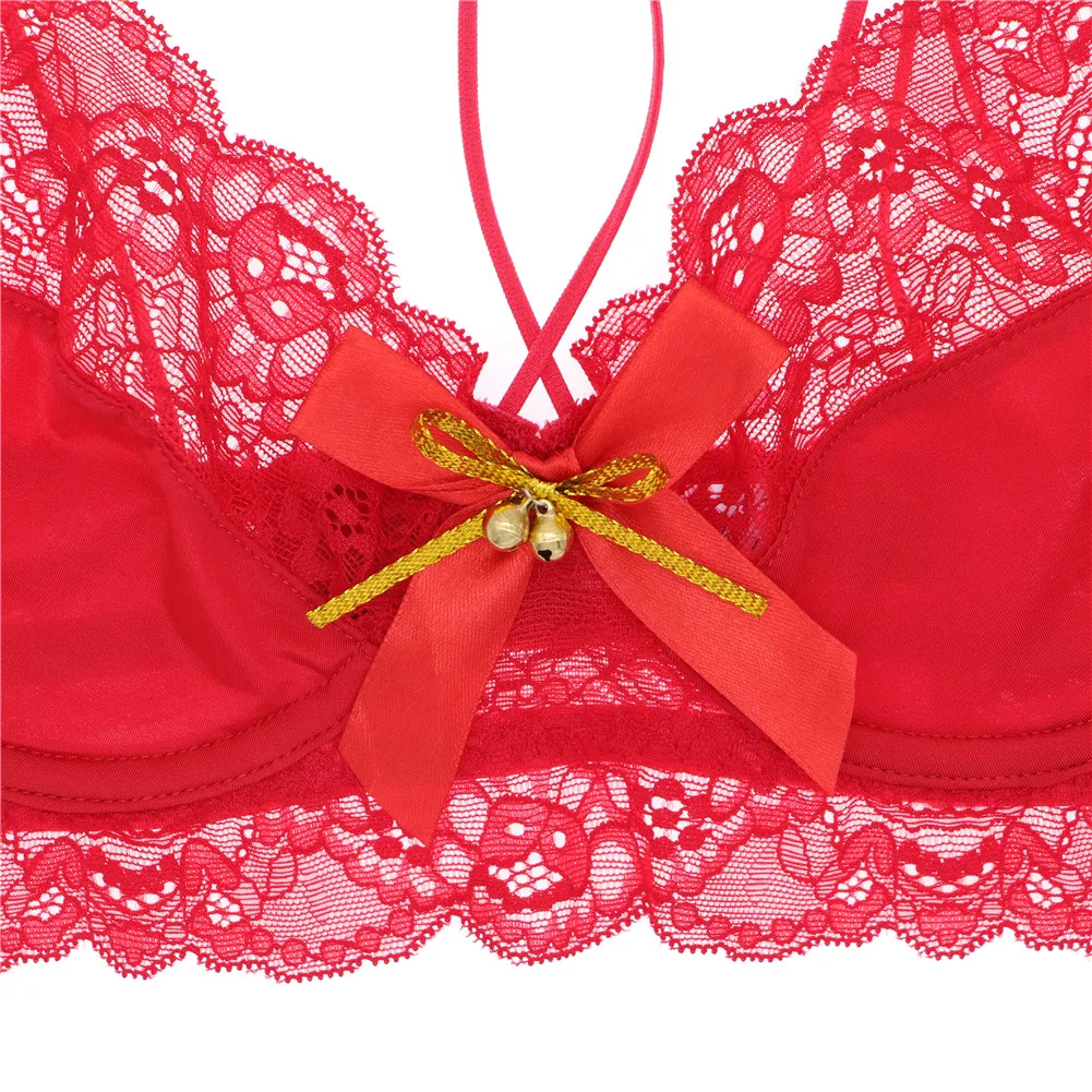 Woman Christmas Red Holiday Underwear Set New Year Gifts Cross Shoulder Strap Bra+Sling Panty+Stockings+Elk Headdress+Robe 5pcs