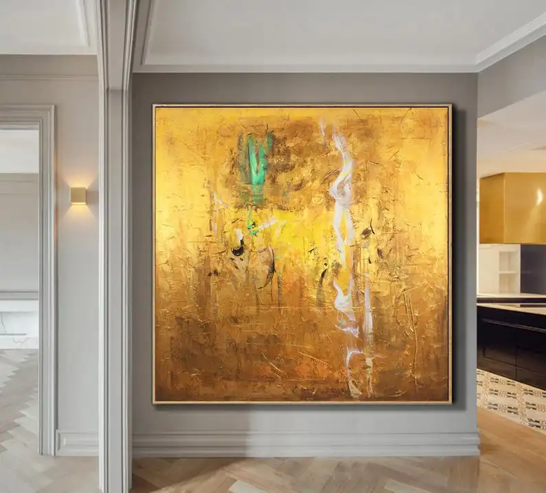 Abstract Canvas Painting Gold Large Abstract Painting Living Room Wall Art Painting Oversize Painting Yellow Oil Paintings