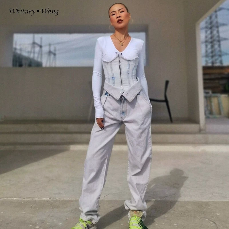 Женские джинсы с высокой талией WHITNEY WANG узкие заплатками на груди 2 шт. весна 2020 |