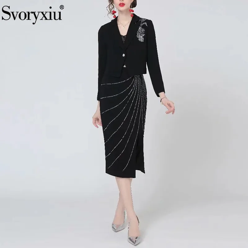 

Svoryxiu Runway Designer Autumn Black Skirt Suit Women's Long Sleeve Embroidery Applique Blazer + Split Skirt Two Piece Set