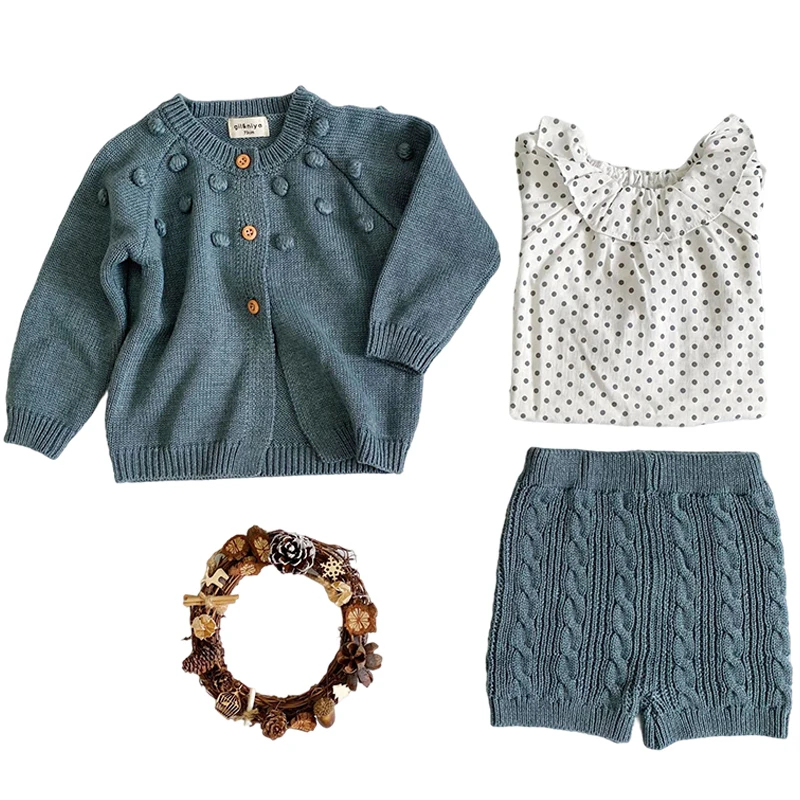 

Вязаный костюм для маленьких мальчиков и девочек, осенне-зимний Кардиган, Свитер + шорты, вязаный костюм в Корейском стиле