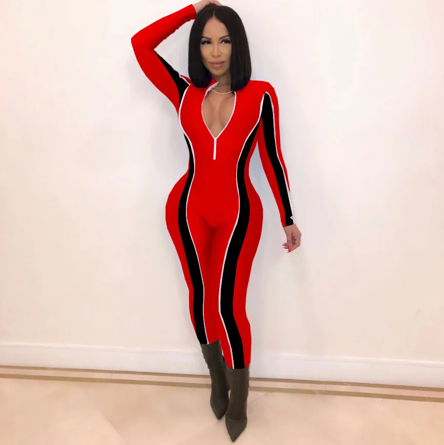 

Moto & Biker Style Trendy Women's Long Jumpsuit Contrast Color Striped Long Sleeve Skinny Rompers 3 Color Catsuit