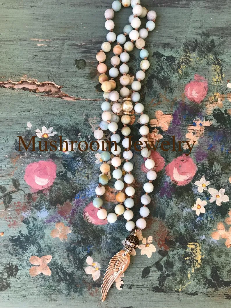 Long Wing Charm For Women Necklace  Natural Amazonite Bead Stone Necklace Wings