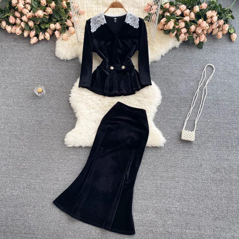 

Осенний костюм из 2 предметов, Черный Бархатный комплект из двух предметов, Женский Винтажный кружевной лоскутный топ + облегающая юбка с высокой талией, женская одежда