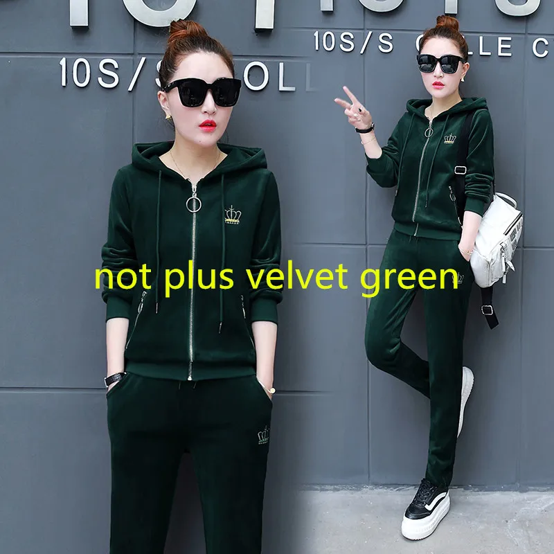 green Золотой вельветовый спортивный костюм осень и зима плюс бархатные женские комплекты повседневные с капюшоном золотые бархатные женские костюмы спортивный костюм - Цвет: green