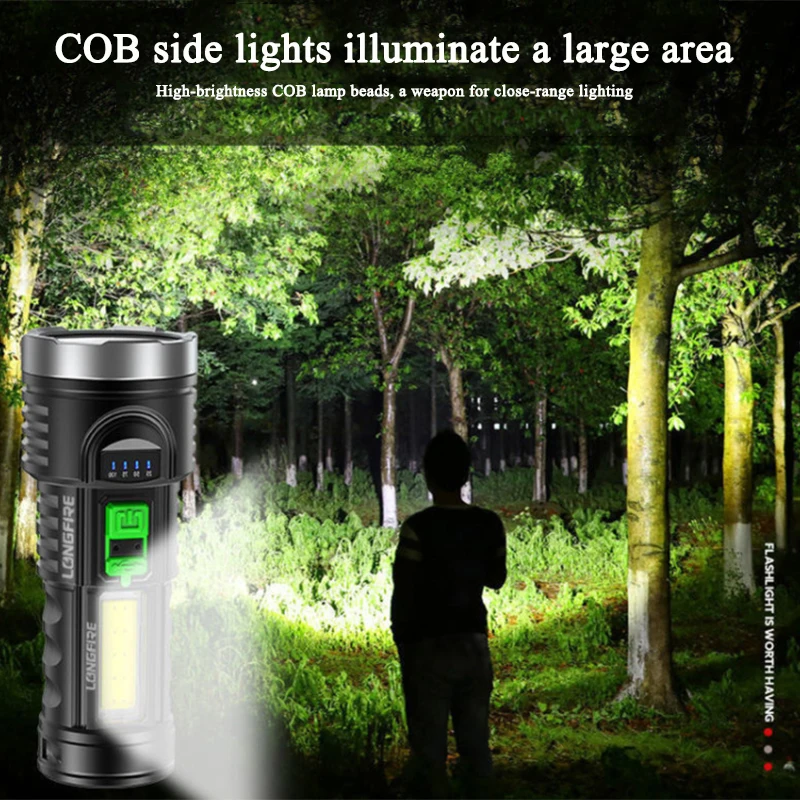 High Power Four-cell LED Flashlight USB Rechargeable Powerful Camping Super Bright 4-core COB Light | Освещение