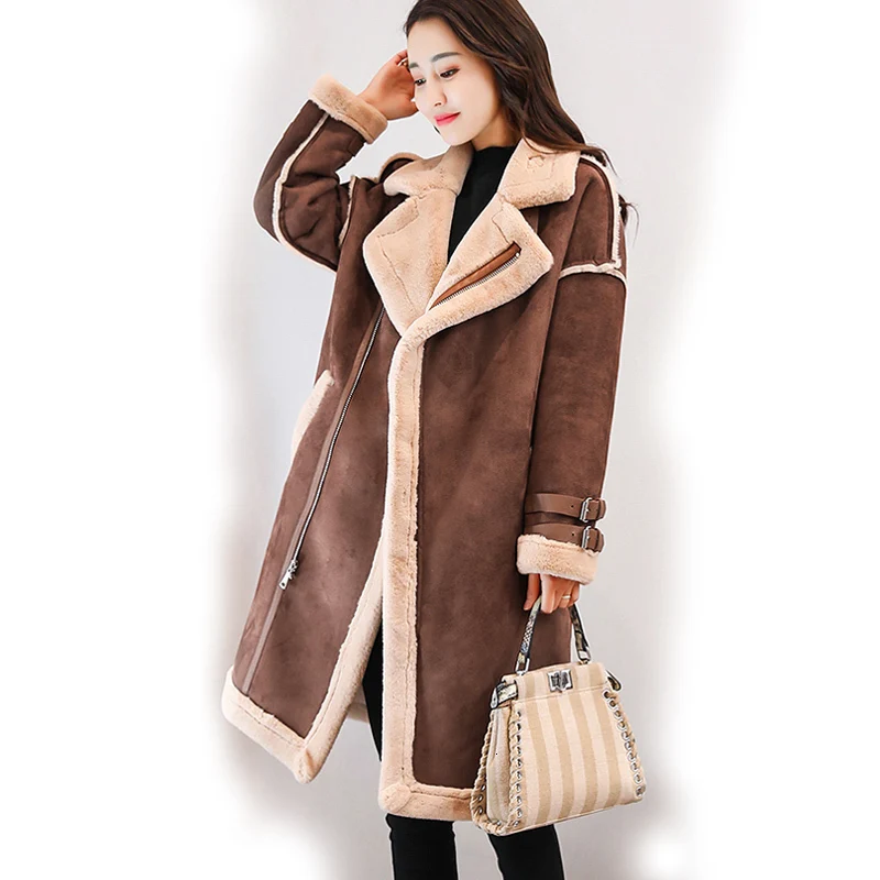 brown coat Зимняя длинная замшевая кожаная женская куртка, большие размеры, Женская коричневая замшевая куртка с искусственным мехом, Женская куртка, большая женская ветровка - Цвет: brown coat