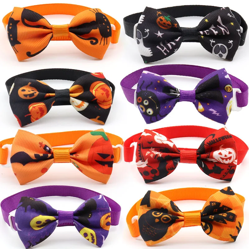 

Halloween Dog Bowties Adjustable Puppy Bow Tie Collar Dog Cat Colorful Printing Pattern Bowtie Accessories Pet Holiday Supplies