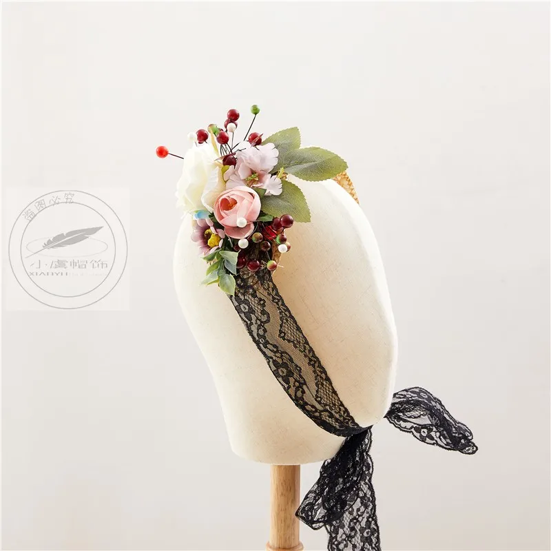 

Соломенная повязка на голову с цветами Лолиты белого и черного цветов, кружевная лента, Вуалетка для волос, винтажная шляпка для девочек