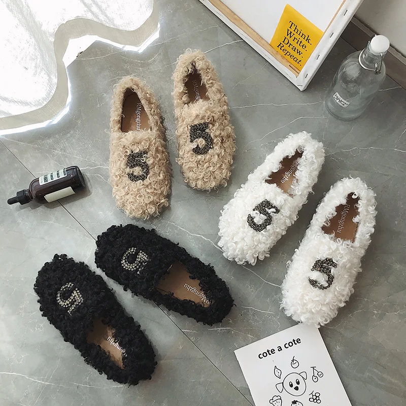 Женская зимняя обувь уличные Лоферы без застежки женская украшение с кристаллом