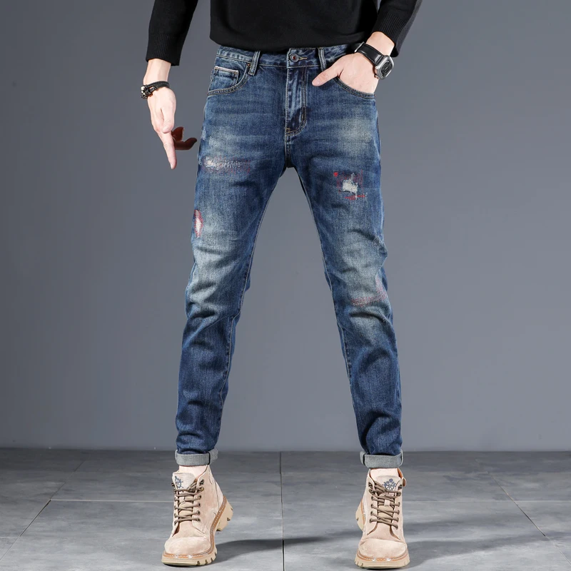 Джинсы мужские с вышивкой повседневные штаны модная уличная одежда рваные