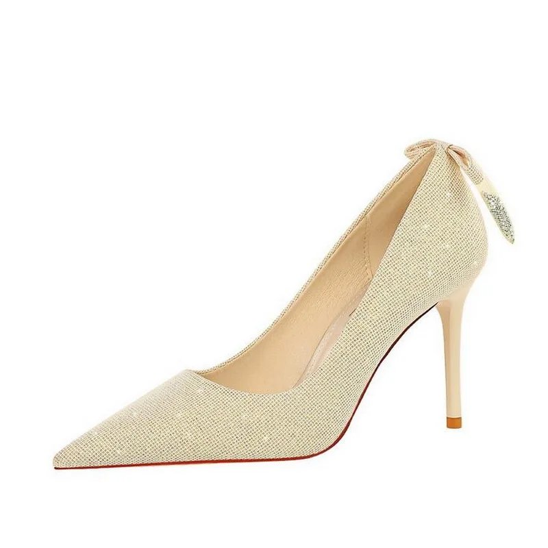 

High heels stiletto high heels shallow mouth pointed toe bow high heels single shoes sparkling banquet wedding shoes