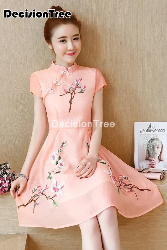 2021 китайское платье с коротким рукавом восточное Ципао цветочной вышивкой