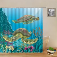 cartoon sea turtle shower curtains funny ocean animal underwater world scenery seaweed coral pattern bath decor cloth curtain