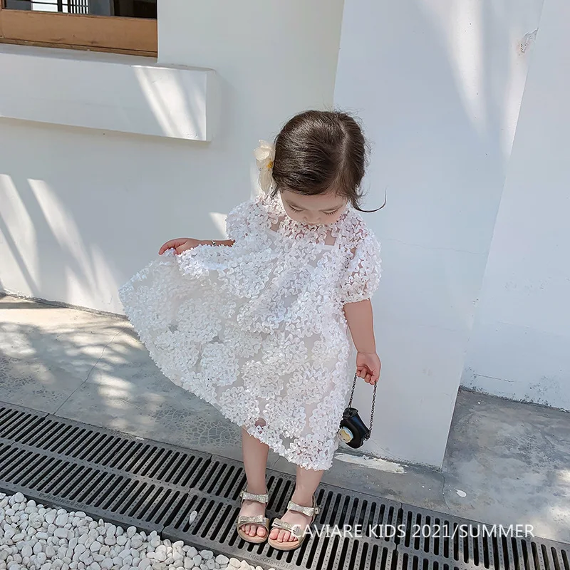 

Girls Two-piece Suit Children's Clothing 2021 Summer Style High-definition Floral Yarn Dress+Sling Two-piece Sets