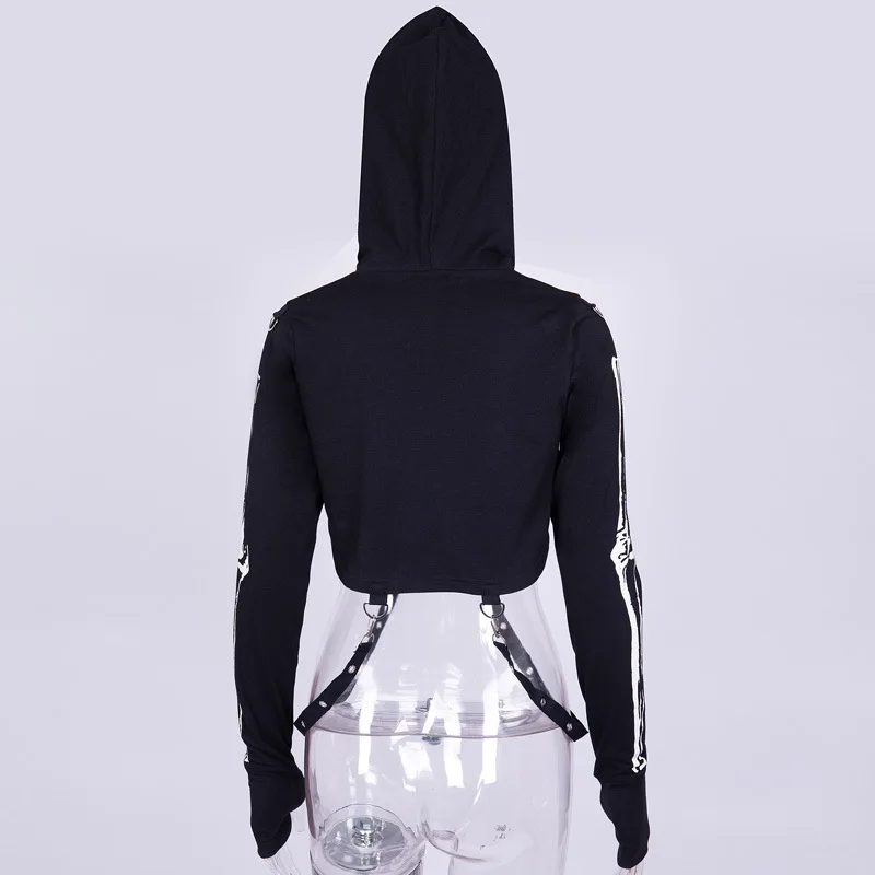 

Gothic Women Punk Hooded Hoodies Black Skeleton Print Mask Full Sleeve Crop Tops Halloween Gothic Punk Sexy Top Sweatshirt
