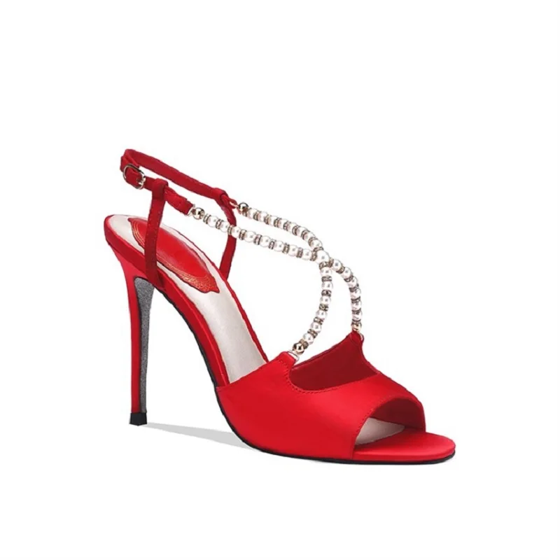 Женские босоножки на высоком каблуке Красные шпильке с открытым носком и
