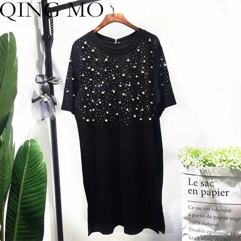 Женское Хлопковое платье с коротким рукавом QING MO повседневное тонкое черное