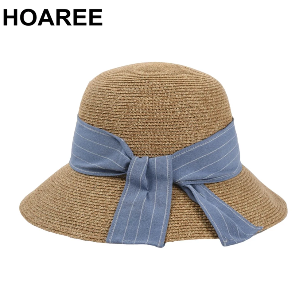 

HOAREE Summer Hat Straw Womens Sun Hat Blue Bowknot Sun Visor Wide Brim Spring Designer Brand Dome Collapsible Bucket Hat