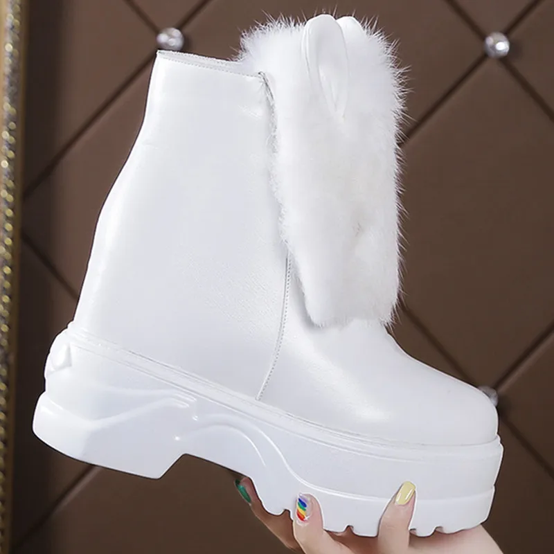 Женская обувь с кроличьими ушками кожаная теплая плюшевая зимняя женская на
