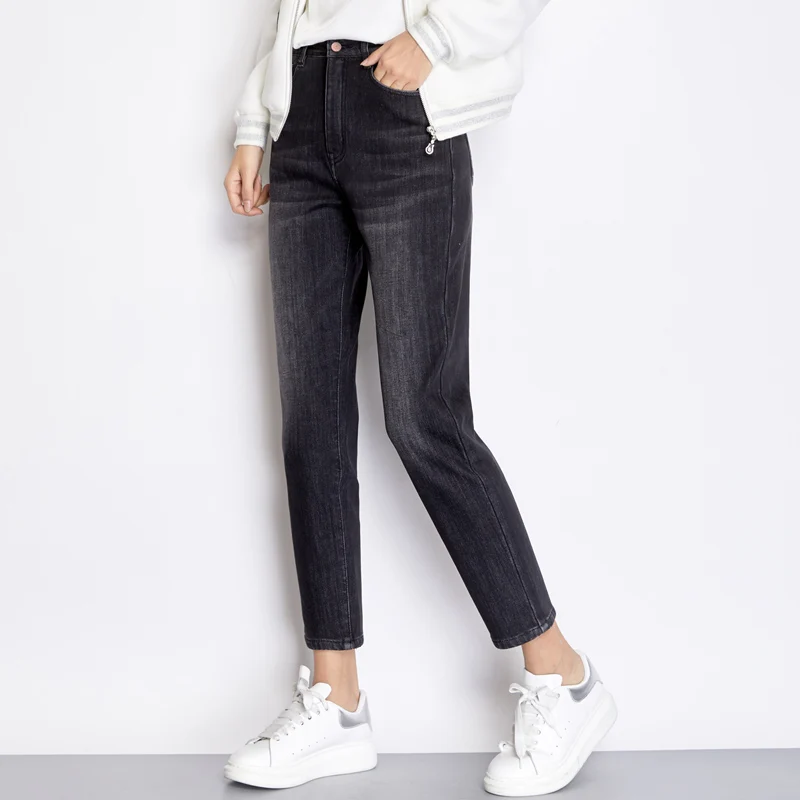 LEIJIJEANS 2019 winter large size women's low elastic high waist loose tapered trousers dark gray white and velvet warm jeans |
