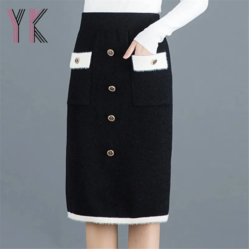 

Imitation Mink Velvet Pockets Black Stretch Knee Length Skirts Slim Buttons Sukienka Elegant Aesthetic Korean Autumn Winter Saia