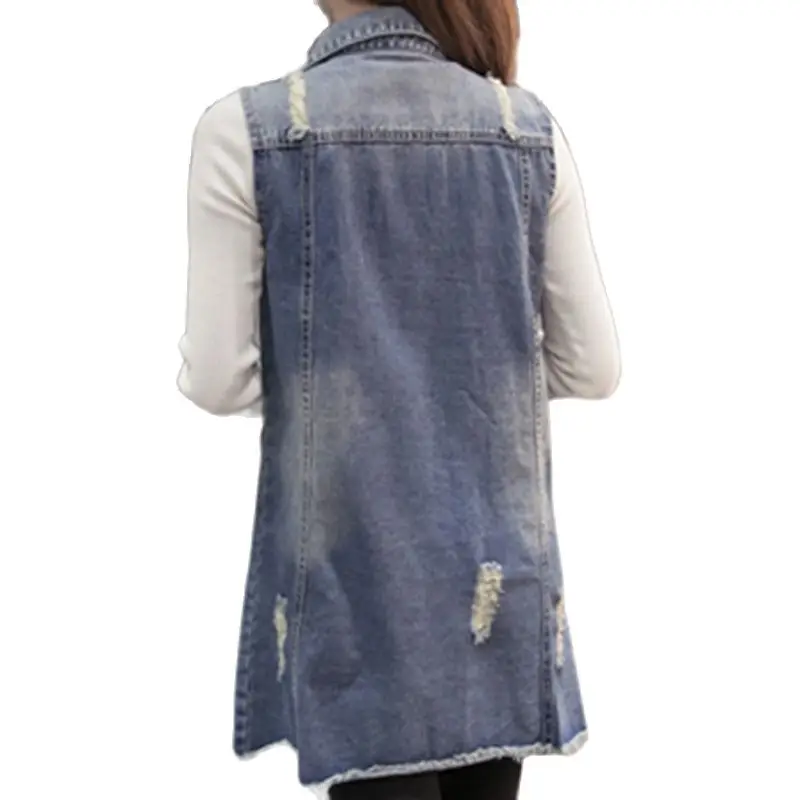 Женский джинсовый жилет с отложным воротником повседневный из денима дырками