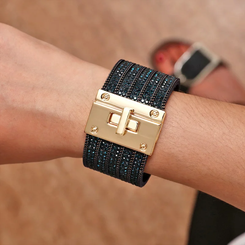 Leather Bracelet for Women Crystal Circle Charm Wrap Bracelets& Bangles Boho Multilayer Wide Crystal Bracelet Female Jewelry