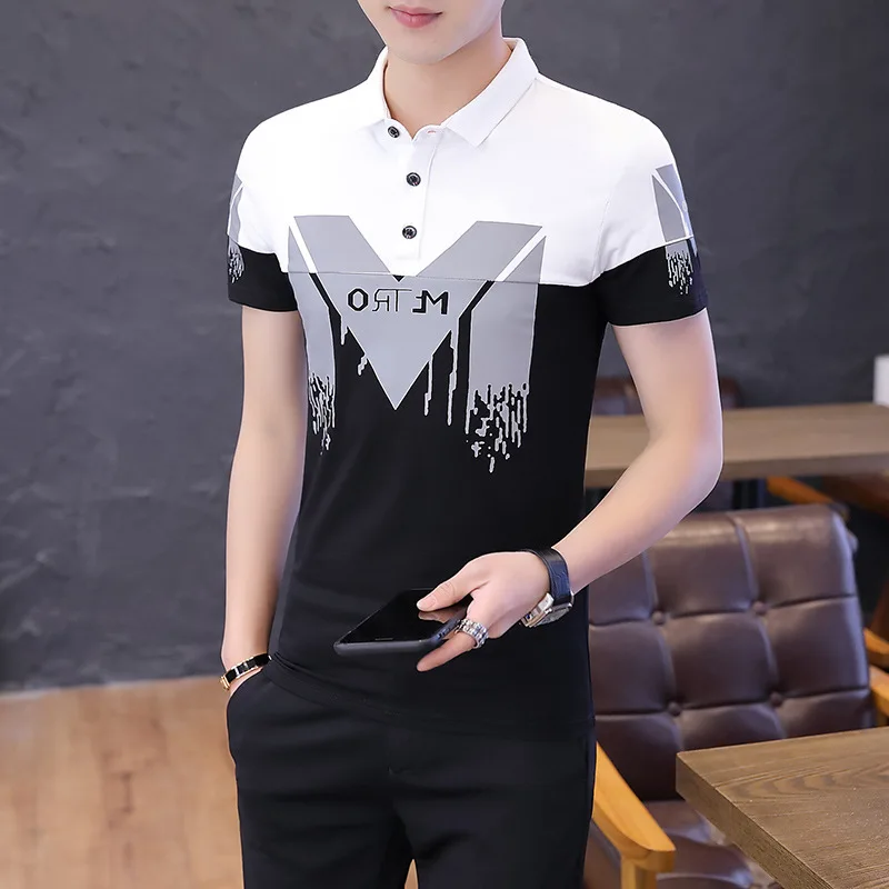 

Men's short sleeve T-shirt youth summer color contrast clothes Korean version shirt collar body men's Lapel Polo fashion