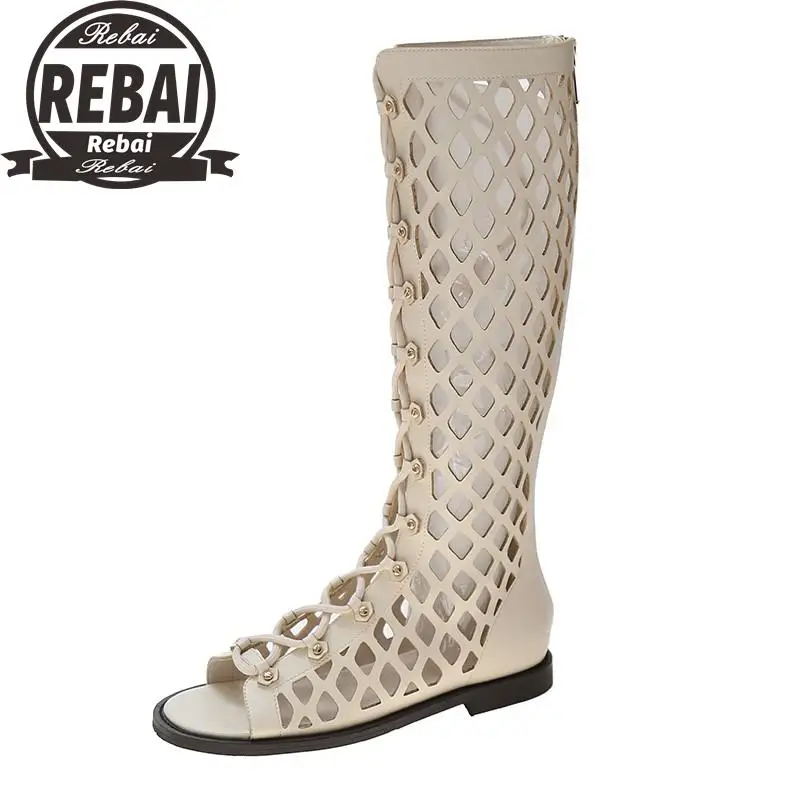 

2020 fashion summer hollow breathable out black boots women side zipper Motorcycle boots leather Knee-High fur boots female lady