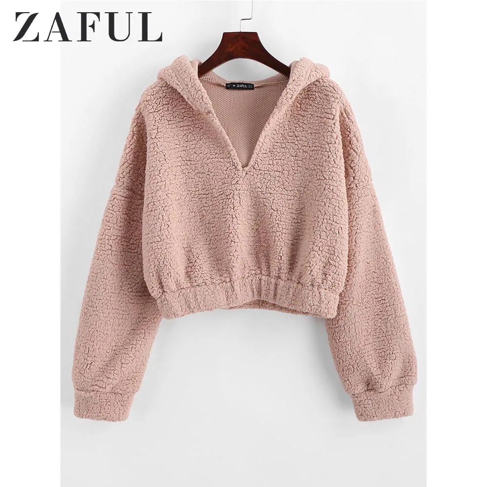 Женская толстовка с капюшоном с искусственным стрижкой на плече от ZAFUL, короткие милые толстовки с v-образным вырезом, зимние толстовки с капюшоном, милые пуловеры