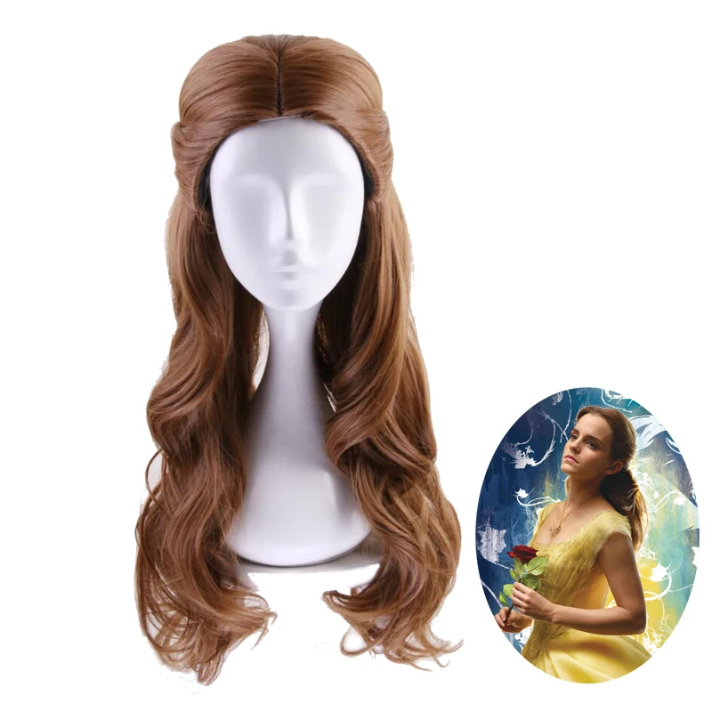 Women Long Wavy Synthetic Hair Beauty and the Beast Princess Belle wig Cosplay Costume  Halloween Party Role Play wigs