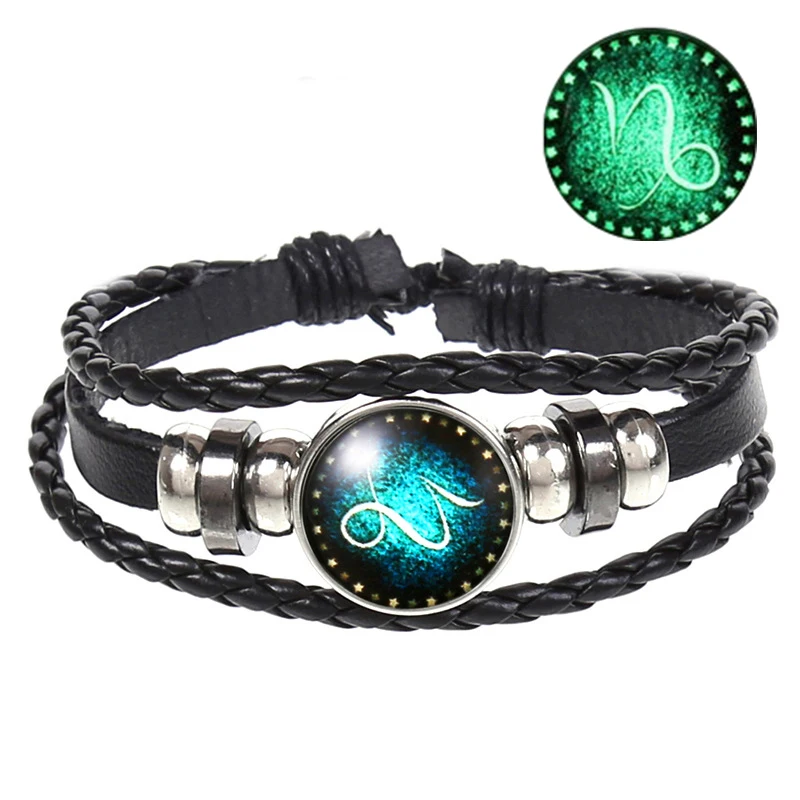 12 Созвездие светящийся знак зодиака черный плетеный кожаный браслет Рак Leo Virgo