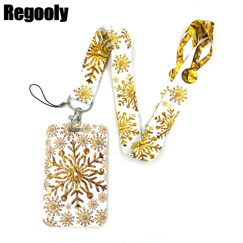 

Golden Snowflake Lanyard Credit Card ID Holder Bag Student Women Travel Card Cover Badge Car Keychain Decorations