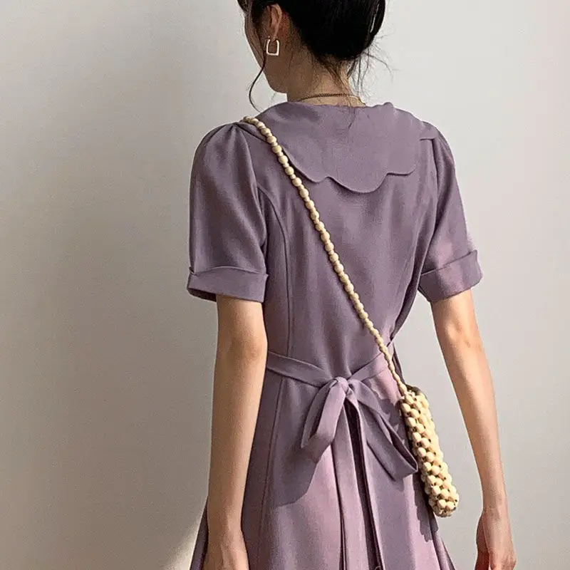 

A-line Dress Women Midi Bandage Pure Color Summer Plus Size Preppy Retro Elegant Sweet Fashion Ladies Korean Style Vestidos Soft