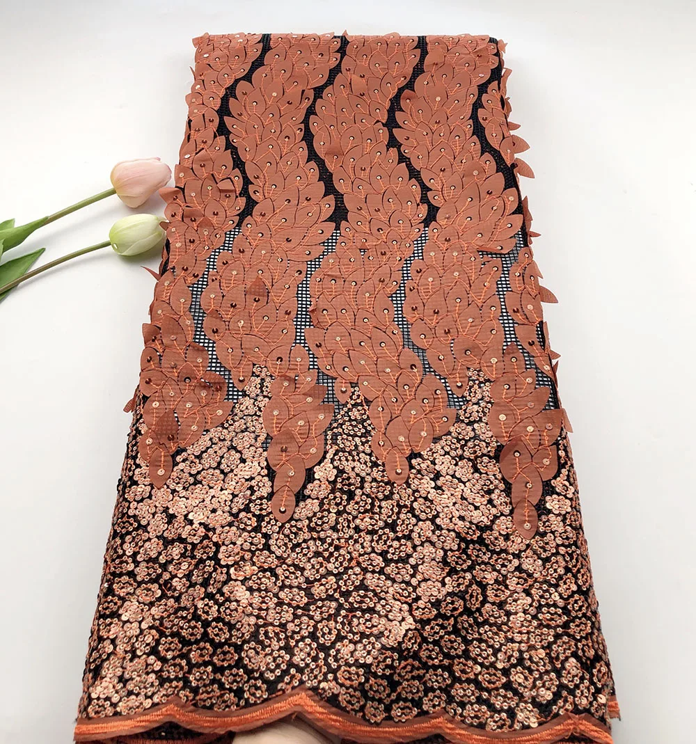 burnt orange Французская кружевная ткань, высокое качество, африканская кружевная ткань с блестками, африканская кружевная ткань, нигерийское вышитое кружево для aso ebi - Цвет: burnt orange