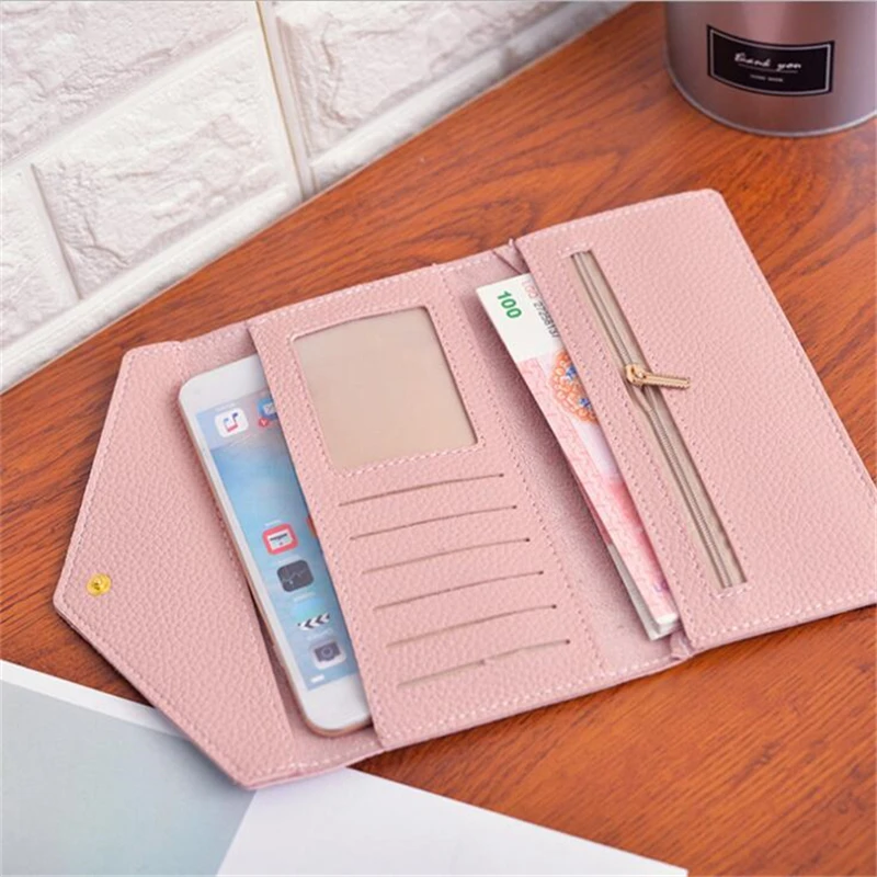 

Wristlet Fashion Envelope Women Wallet Solid Color 2Fold 4Colors PU Leather Wallet Long Ladies Clutch Coin Purse