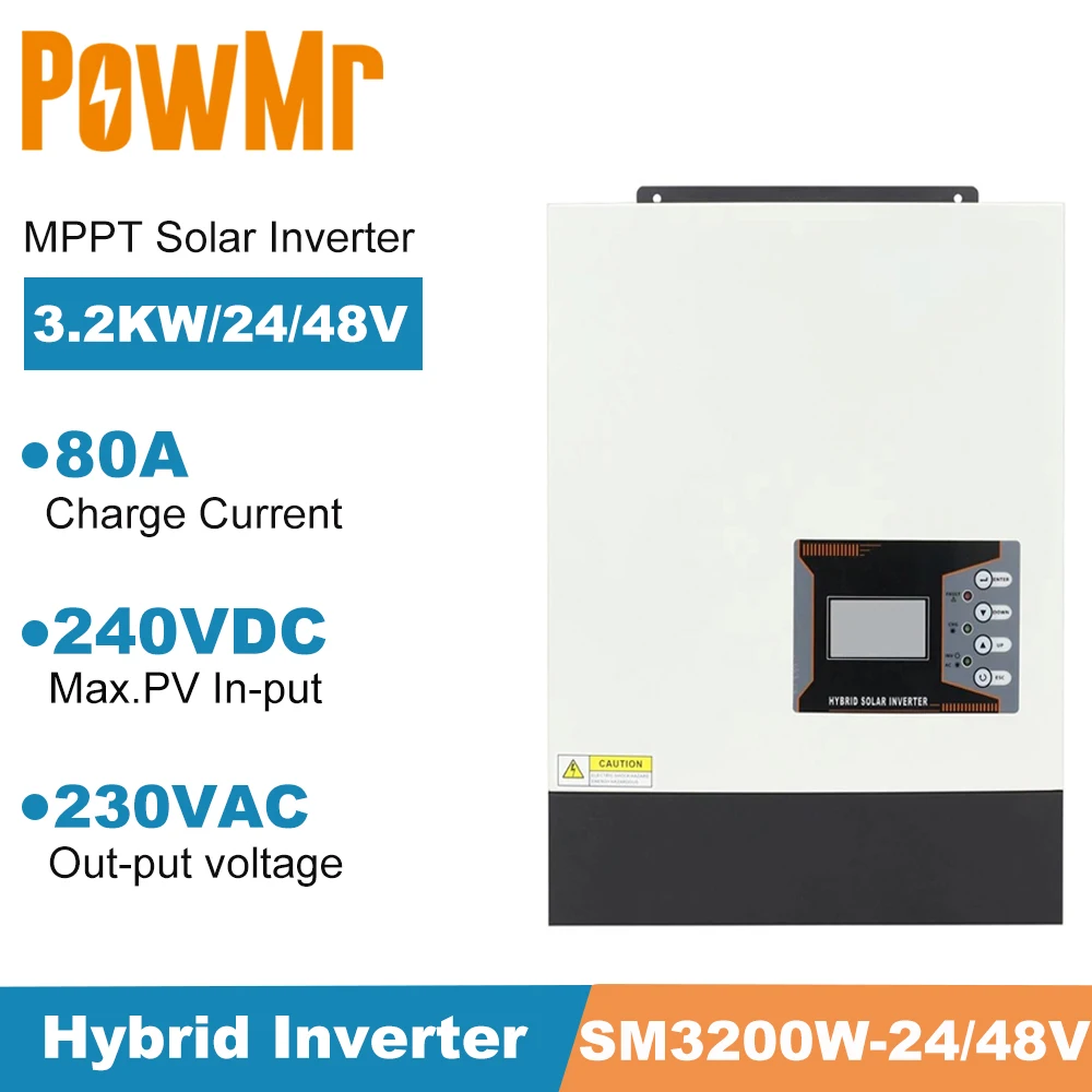 

Гибридный инвертор PowMr, 3200 Вт, MPPT, 80 А, 24 В, 48 В, немодулированный синусоидальный сигнал, 230 В, выход макс., В постоянного тока, поддержка Wi-Fi, солн...