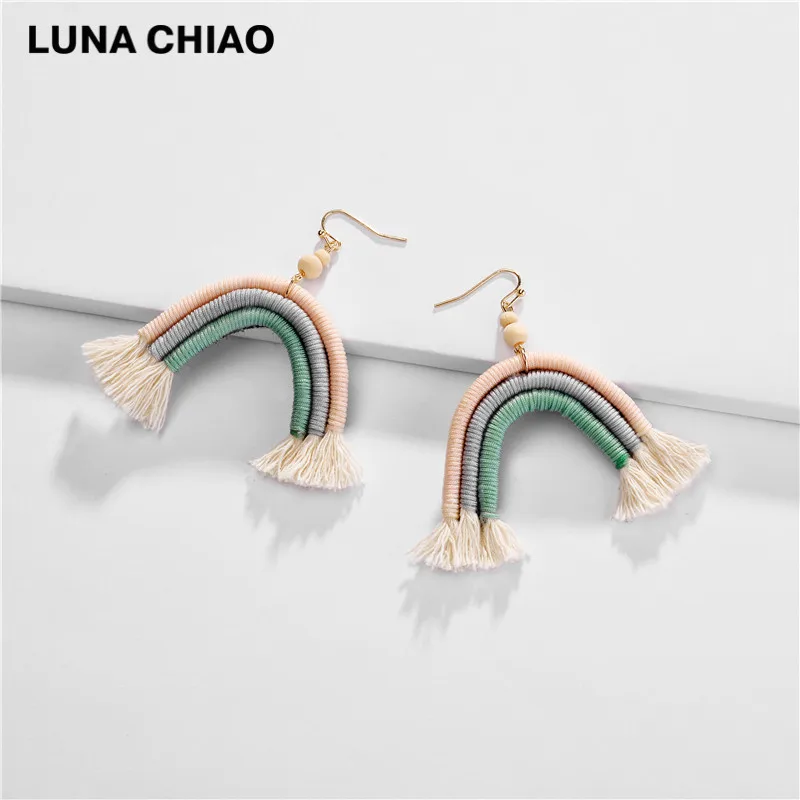 LUNA CHIAO, модные ювелирные изделия, Радужный дизайн, висячие серьги-капли, ручная работа, хлопковая нить, плетеные, Boho, массивные серьги для женщин - Окраска металла: Pink