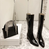 luxury brands genuine leather big size handsome long boot thick mid heel sexy pointed toe women zipper riding knee high boots