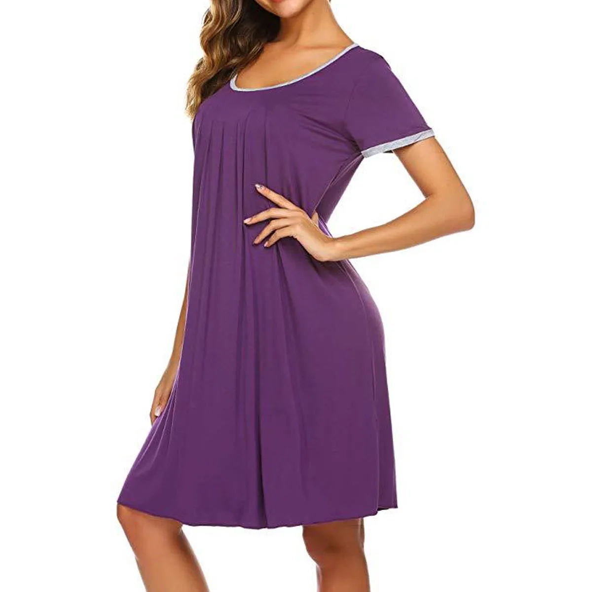 Nightgown Womens Cotton Sleepshirt Soft Sleepwear Pleated Nightshirt Comfy Sleep Dress Short Sleeve Flare Nightdress
