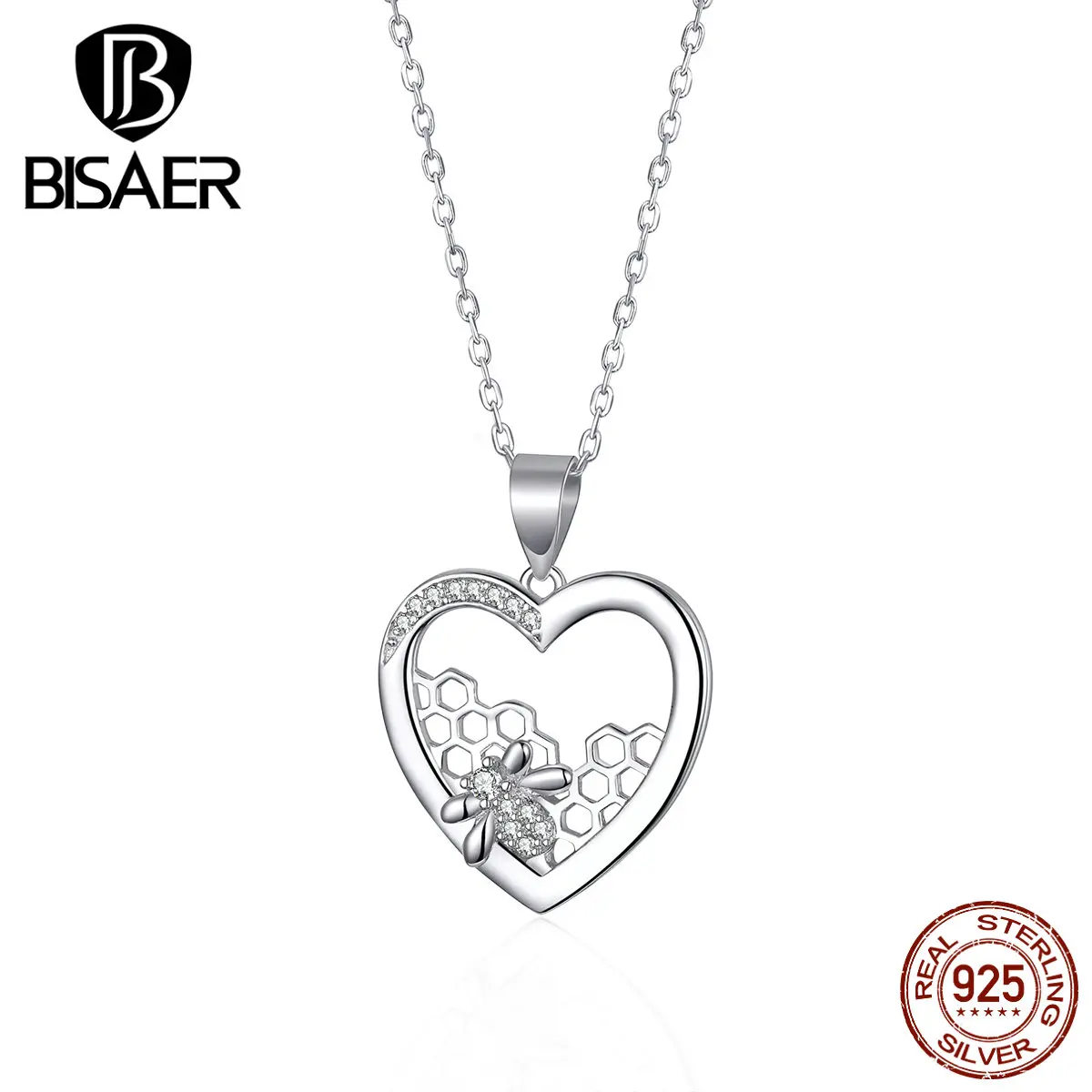 Соты воротник BISAER 925 пробы Серебряная пчела любовь соты в форме сердца кулон ожерелья для женщин Роскошные ювелирные изделия ECN356