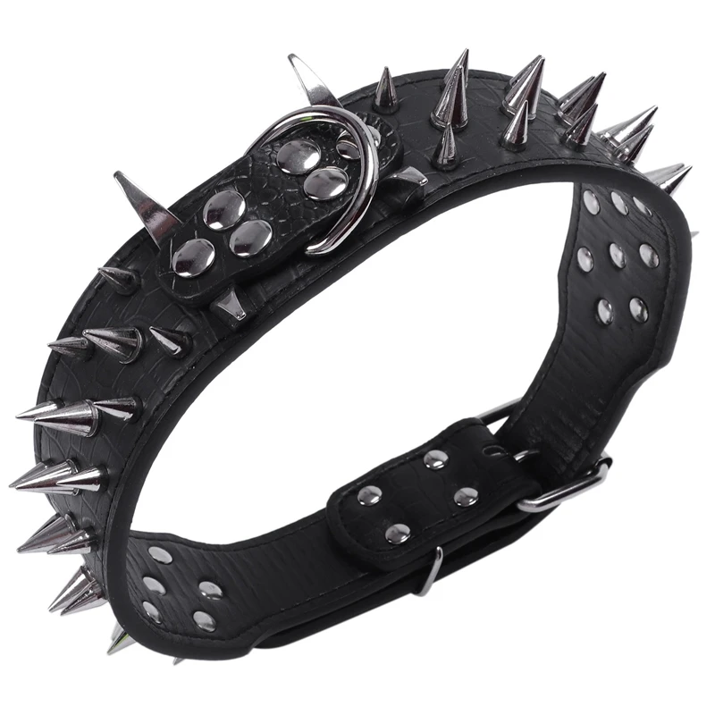 Leather Spiked Studded Dog Collar 2&quot Wide 25 Spikes 44 Studs Pit Bull Boxer-Black M | Дом и сад