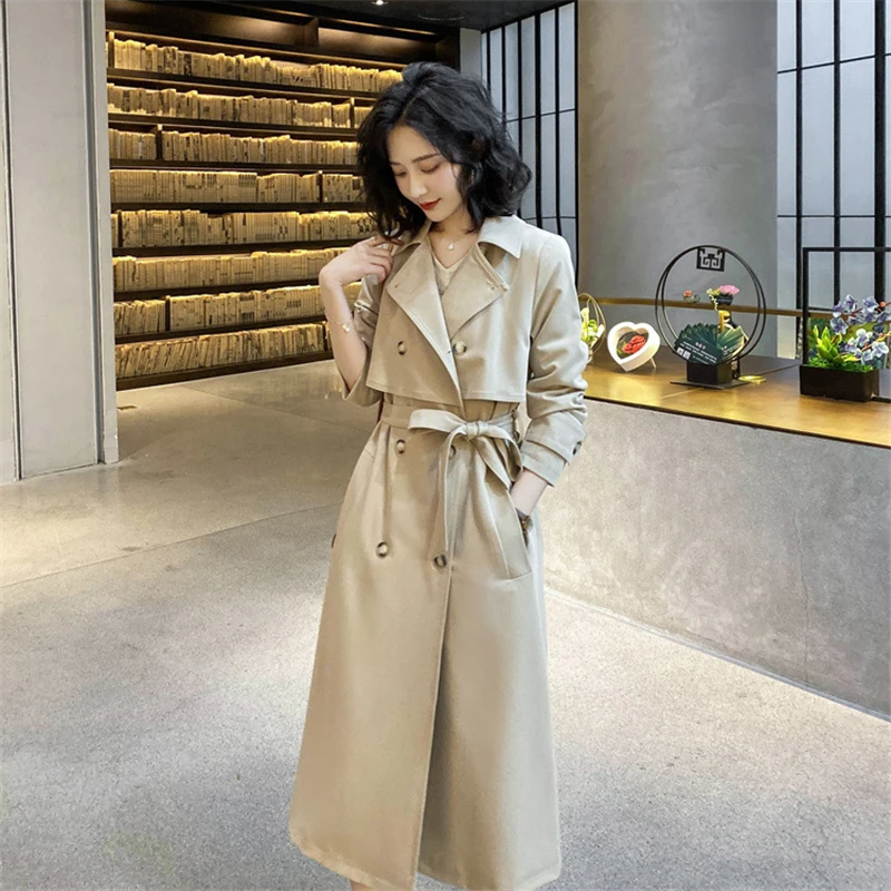 

New Top Women Casual Trench Solid Double Breasted Outwear Fashion Sashes Office Coat Chic Epaulet Design Long Trench