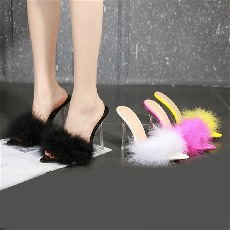 

Summer New Sexy Feather Woman Sandals Transparent Perspex High Heels Fur Stiletto Peep Toe Mules Lady Slides Shoes Rose