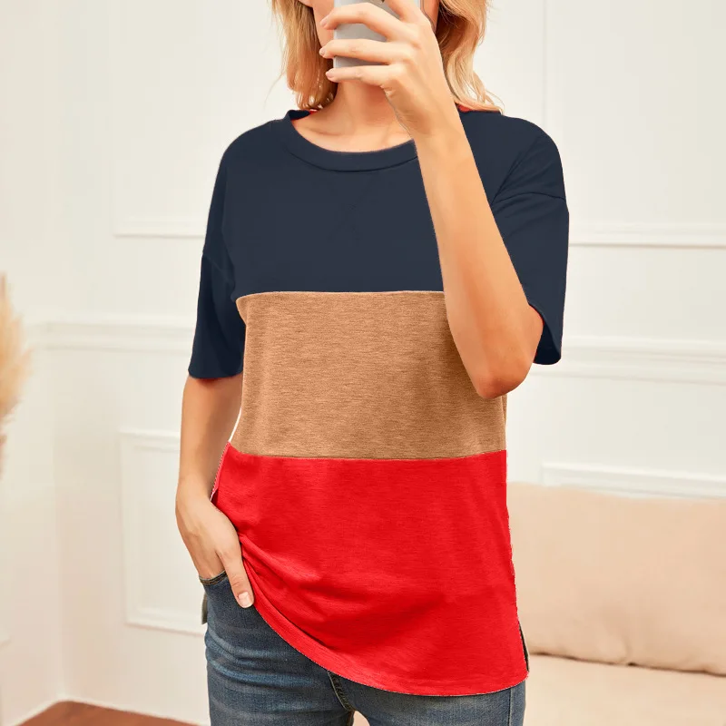

Summer NEW Woman Tshirts Casual Short Sleeve O Neck Color Matching T Shirt Top Color Matching Loose Casual Women Clothing