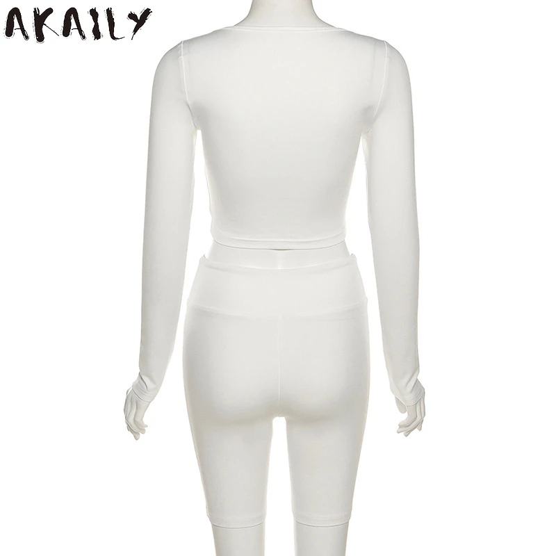 

Akaily Summer Streetwear 2 Two Piece Sets Tracksuit Womens Fitness Outfits Black Long Slevee Crop Top Skinny Shorts Sets Female